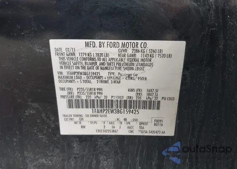 2011 Ford Taurus Sel from USA, damaged, VIN 1FAHP2EW3BG159425